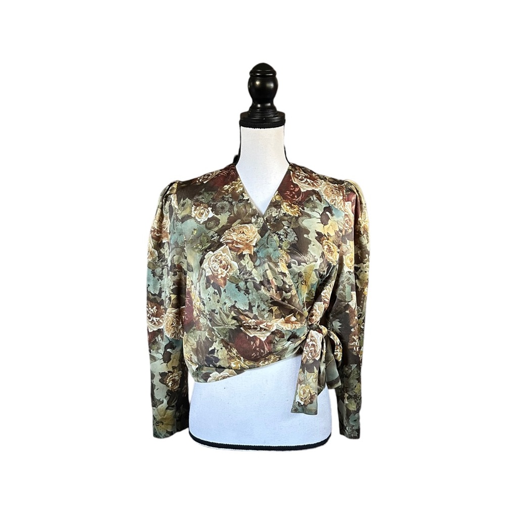 Dolcezza Floral Satin Cropped Wrap Blouse Green Whimsigoth Romantic Boho Sz 9A/S